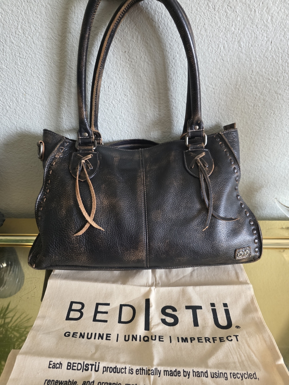 BED|STU Distressed Black Rockababy Shoulder Bag with Tassel Accents